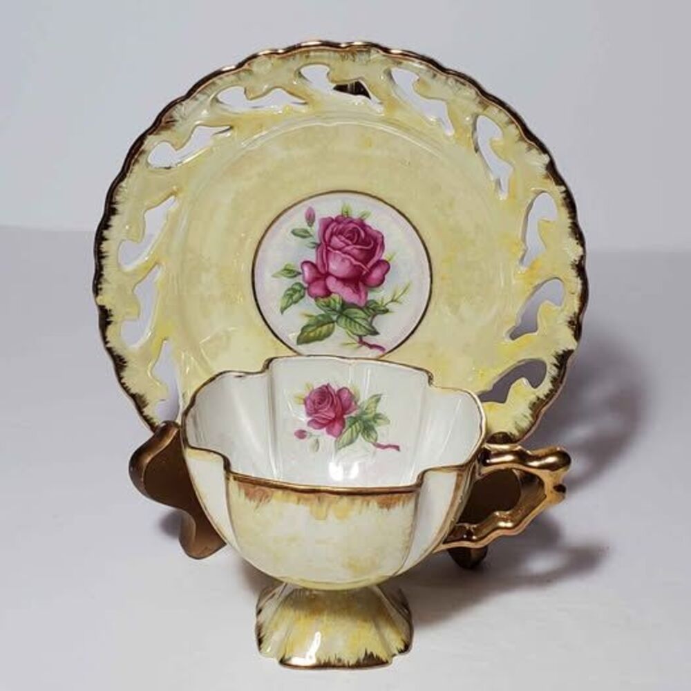 Yellow Teacup and Saucer Pink Roses Opalescent Reticulated Vintage